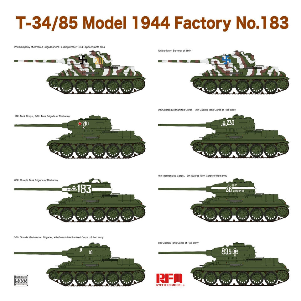 1/35 T34/85 Model 1944 Factory No.183 w/ Section Tracks by RyeField Model