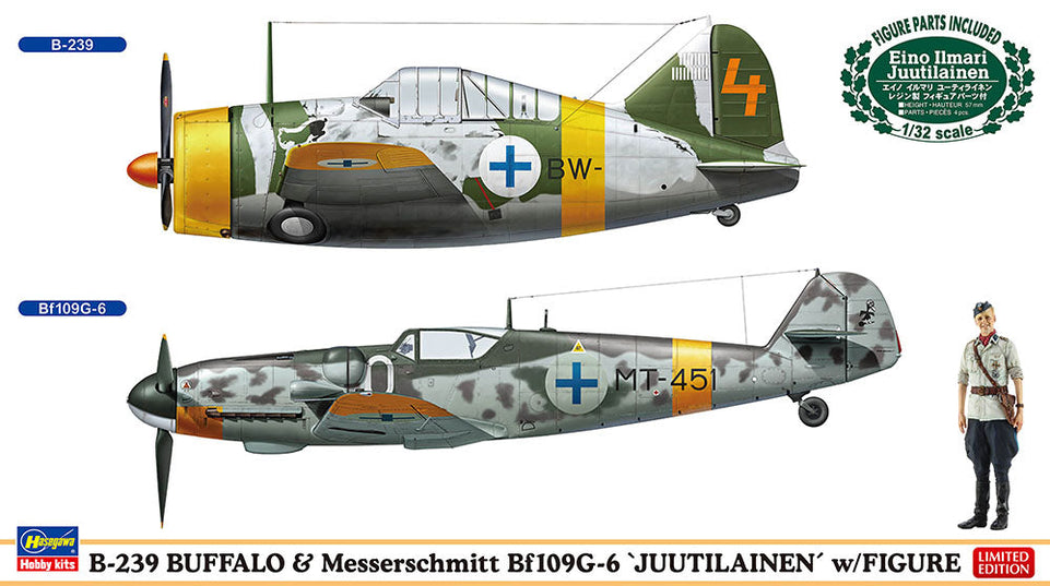 1/72 B-239 Buffalo & Bf109 Double kit w/ 1/32 "Jütileinen" Figure HASEGAWA 02439