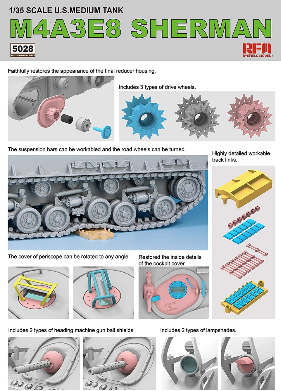 1/35 SHERMAN M4A3E8 WITH WORKABLE TRACK LINKS RYEFIELD MODEL